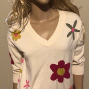 Tribal V-Neck Sweater with Cream, Pink, and Yellow Stripes
